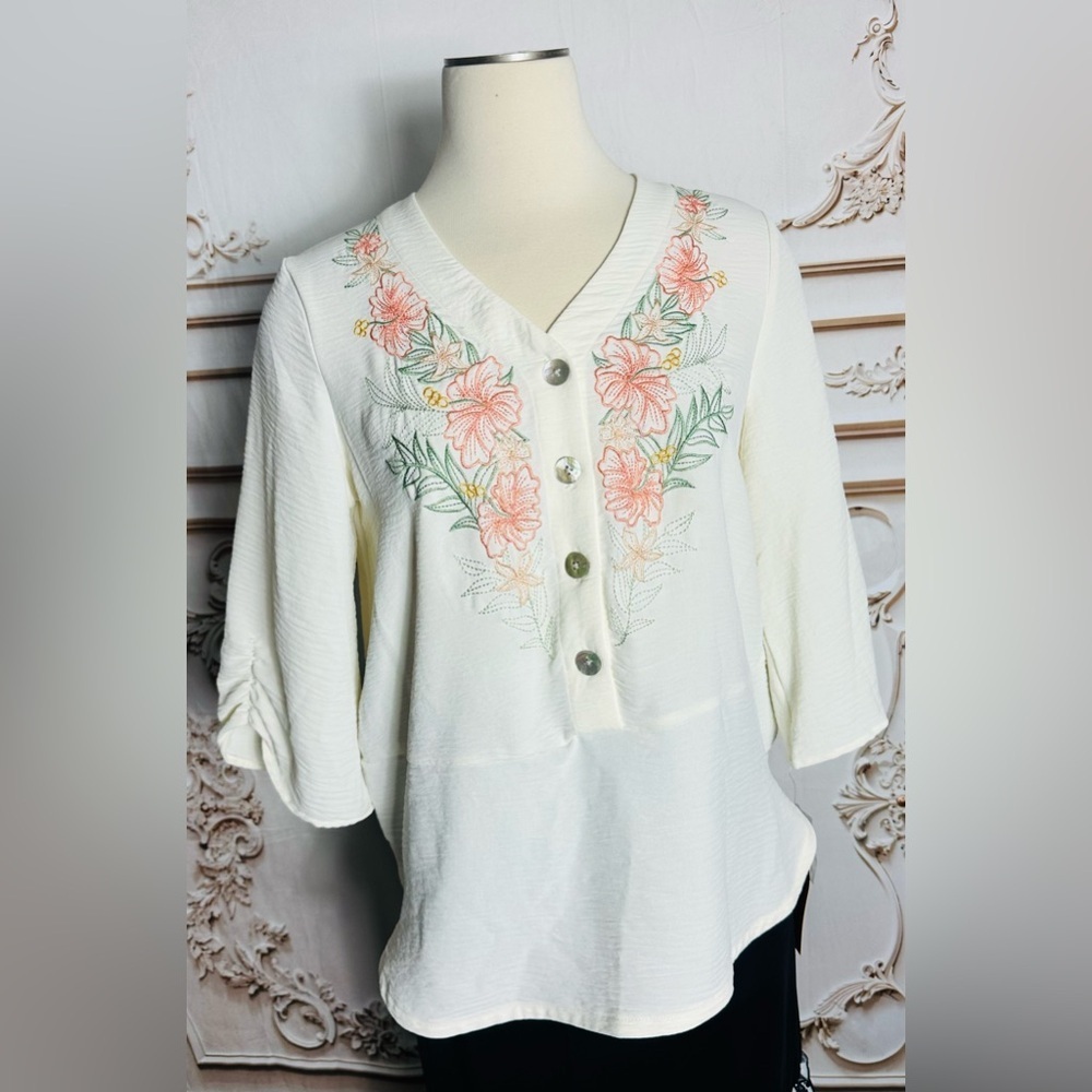 Ruby Rd. Cream Button-Front Top with Peach Floral Embroidery - Picture 3 of 6
